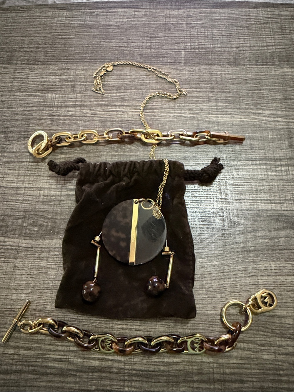 Michael Kors Gold and Tortoiseshell Pendant Necklace with Matching Bracelet Set